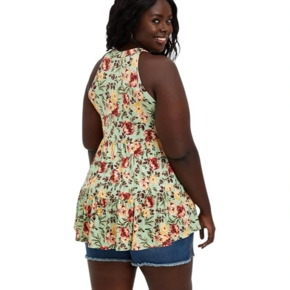 Torrid Super Soft Plus Size 3X Tank Top Green Floral Tiered Babydoll Swing 467 - Picture 2 of 10